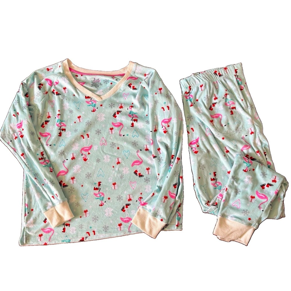 Cuddl Duds Womens L 2pc Long Sleeve Fleece Pajama Set Flamingo Christmas Pocket